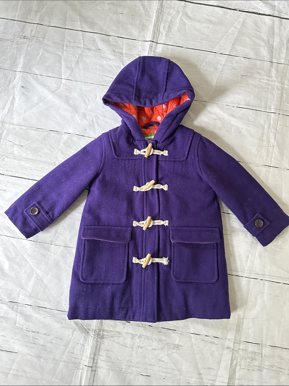 Mini Boden Purple Hooded Toggle Coat with Orange Lined Hood size 2-3